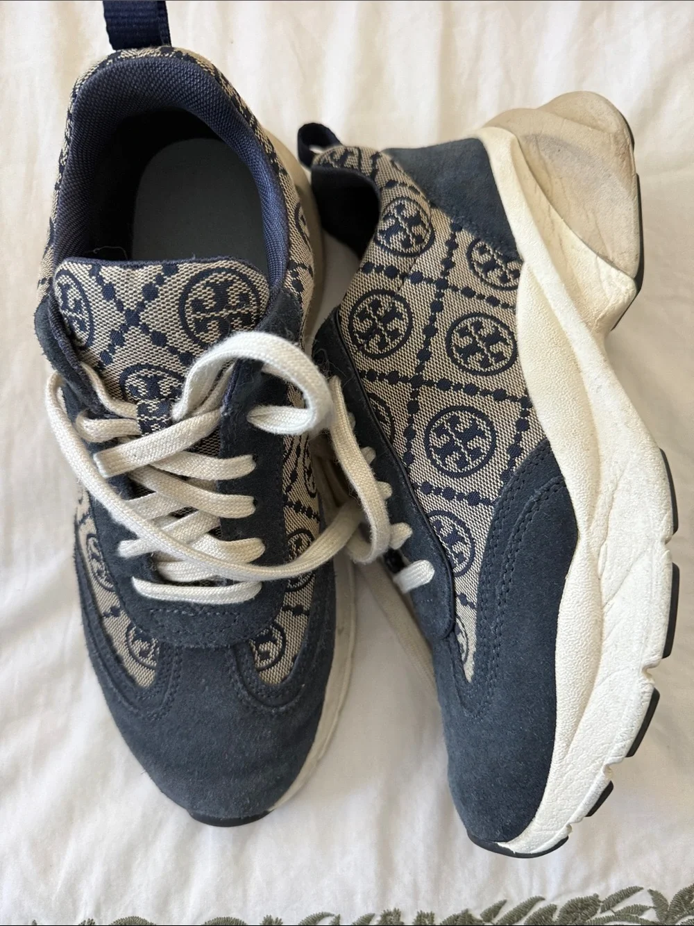 Tory Burch Navy and Cream Logo Canvas Platform Sneakers